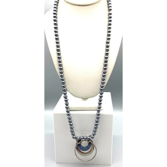Classy Grey and Silver Circles Pendant on Lustrous Faux Tahitian Pearl Long - Picture 2 of 5